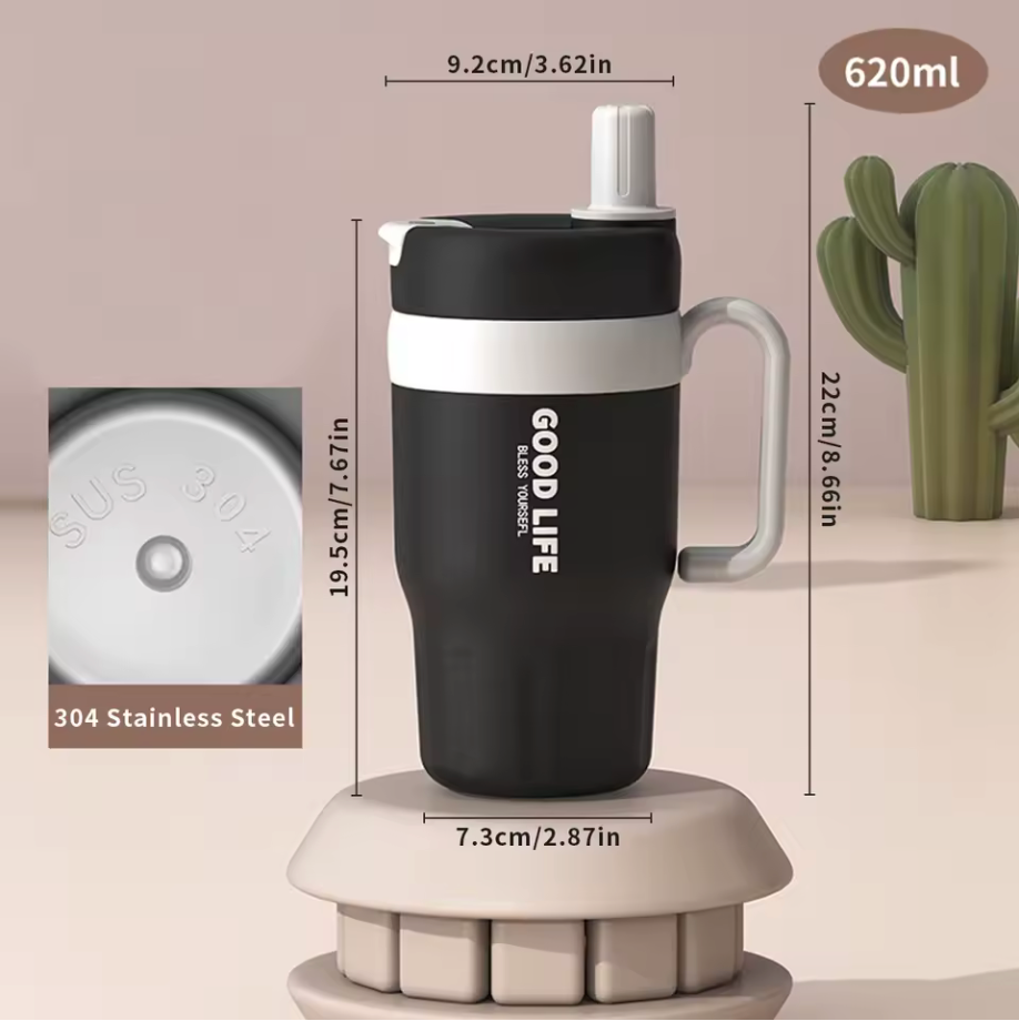 GOODLIFE™ Premium Stainless Steel Thermo Mug 620ml – Leakproof Coffee Cup with Straw for Office & Travel