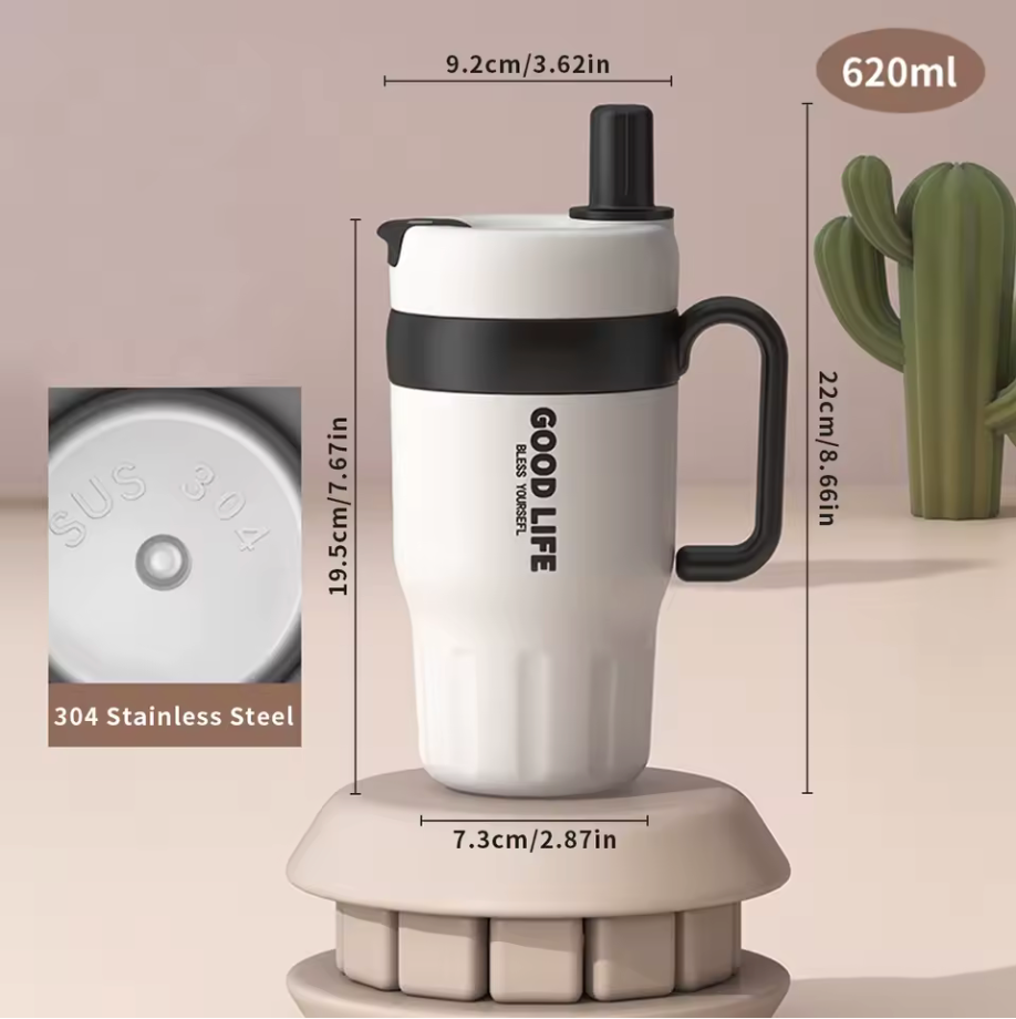 GOODLIFE™ Premium Stainless Steel Thermo Mug 620ml – Leakproof Coffee Cup with Straw for Office & Travel