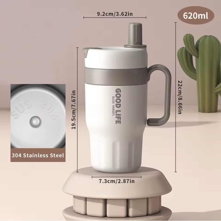 GOODLIFE™ Premium Stainless Steel Thermo Mug 620ml – Leakproof Coffee Cup with Straw for Office & Travel